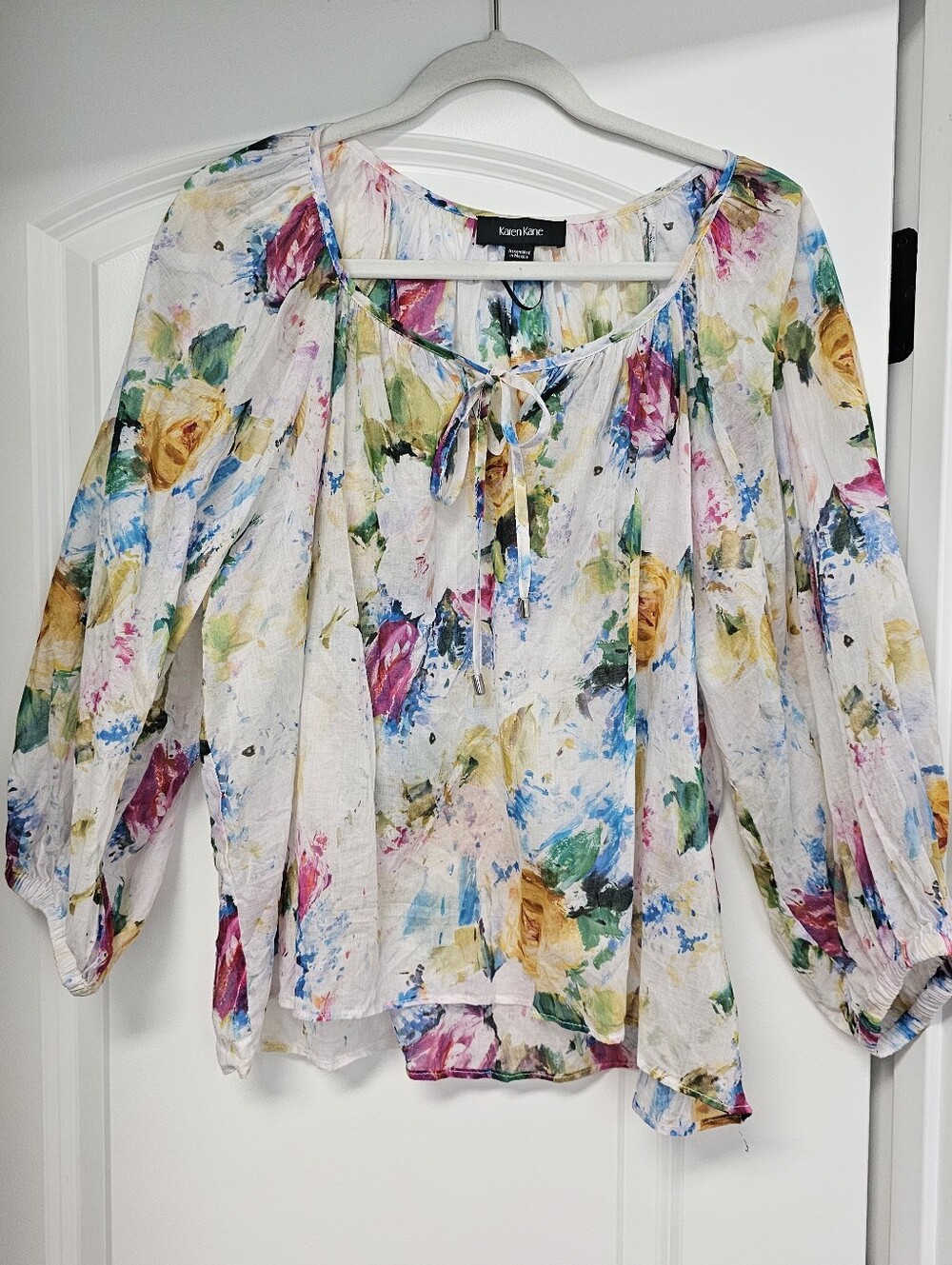 Karen Kane White Floral Watercolor Peasant Blouse